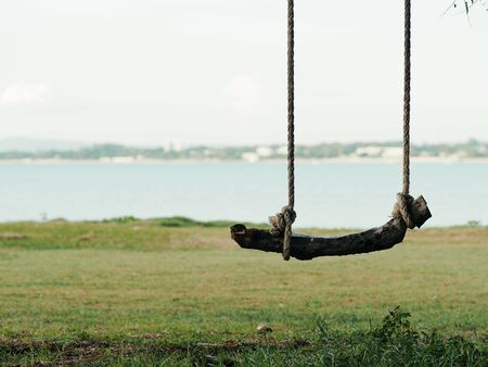 Old wooden vintage, Wooden swing under tree on the beach, wooden swing hanging from a big tree