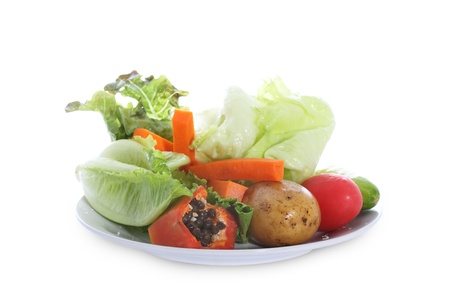 Mixed fruit and vegetable on white plateの写真素材