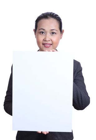 Businesswoman holding white blank cardの写真素材