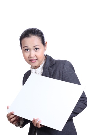 Businesswoman holding white blank cardの写真素材