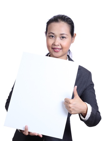 Businesswoman holding white blank cardの写真素材