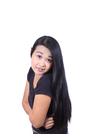 Happy smiling woman portrait with crossed arms - isolated on whiteの写真素材