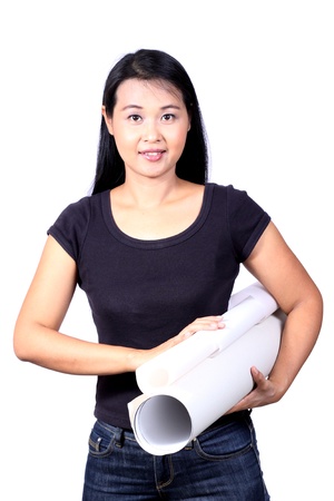 beautiful woman holding a roll of paperの写真素材