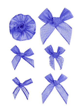 Festive blue bows made of ribbon. Isolated on a white background.の写真素材