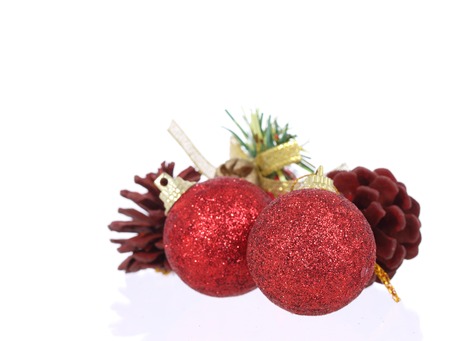 Closeup of Red Christmas balls on white backgroundの写真素材