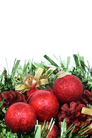 Closeup of Red Christmas balls on white backgroundの写真素材