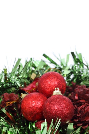 Closeup of Red Christmas balls on white backgroundの写真素材