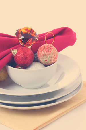 Christmas decorations in white bowl.の写真素材