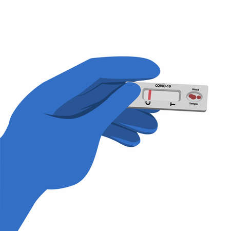 Hand with Blue Glove holding Rapid Test Tool for Diagnosing Coronavirus, vector illustrationのイラスト素材