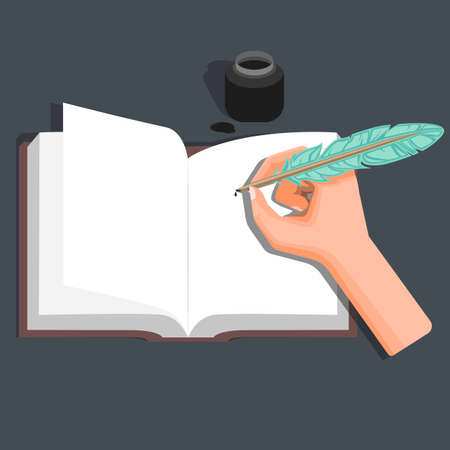 Hand Writing on Book with Feather Pen and Inkwell in flat illustration vector in EPS Fileのイラスト素材