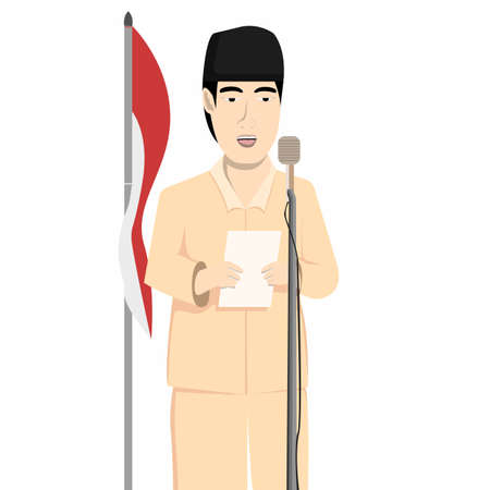 First President of Indonesia, Mr. Soekarno Proclaimed Indonesia's Independence in 17 August 1945 in Cartoon Illustration Vectorのイラスト素材
