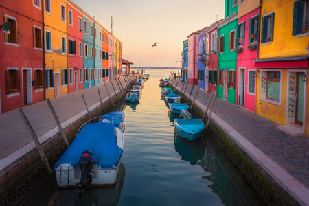 Burano, Italy: Sunset on Burano with the typical colored houses that offer a great show.の写真素材