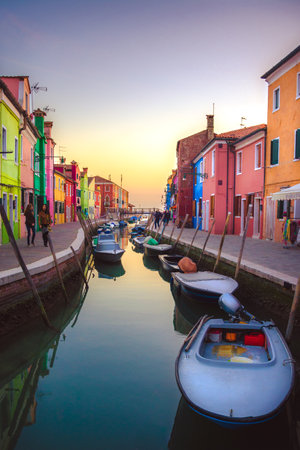 Burano, Italy: Sunset on Burano with the typical colored houses that offer a great show.の写真素材