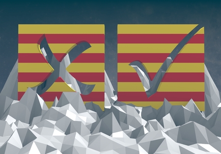 catalonia national flag textured vote mark on low poly landscapeの写真素材