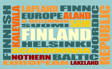 Finland theme relative words cloud. Multi color tags on blue background.のイラスト素材