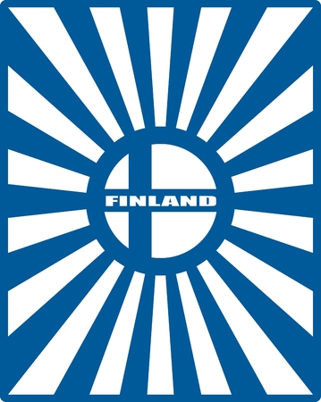 Finland national flag on sunburst background. Celebration card template for independence day. Blue and whiteのイラスト素材