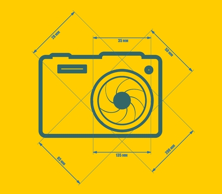 Blue outline silhouette. Measure lines with focal length data.のイラスト素材