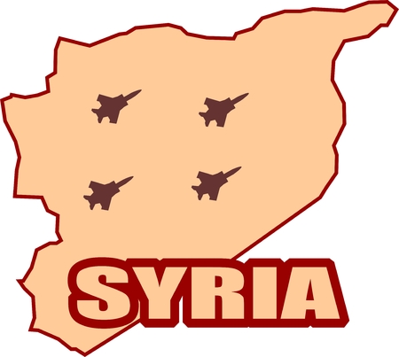 Middle East conflict. ISIS under air strike attack. Air fighter silhouettes on Syria mapのイラスト素材