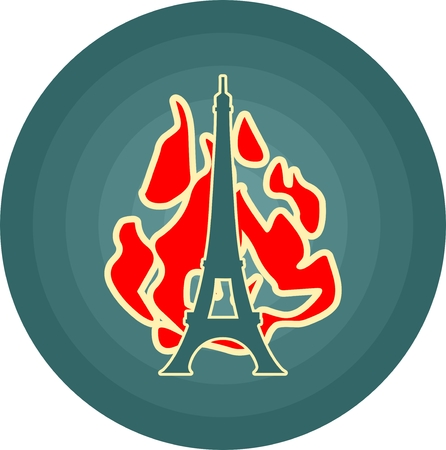 Eiffel tower in Paris. Contour silhouette on circle gradient radiant background. Fire on backdropのイラスト素材