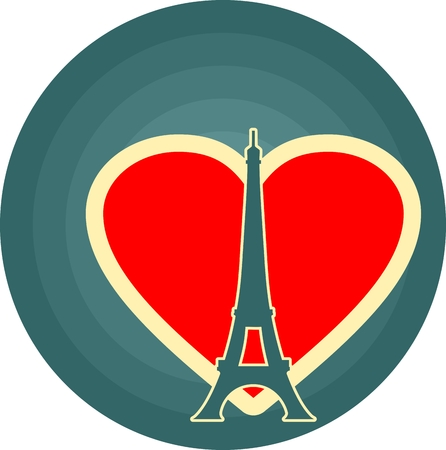 Eiffel tower in Paris. Contour silhouette on circle gradient radiant background. Red heart icon as radio waves radiant on backdropのイラスト素材