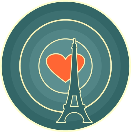 Eiffel tower in Paris. Contour silhouette on circle gradient radiant background. Orange heart icon as radio waves radiant on backdropのイラスト素材