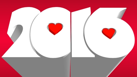 White color 2016 new year number on red backdrop. Red hearts within number