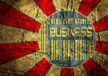Abstract sun burst vintage banner. Concrete textured surface. Business word and bar code in focusの写真素材