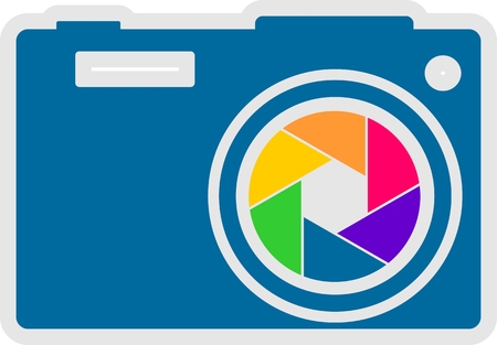 Photo camera icon. Outline silhouette with rainbow colors lens apertureのイラスト素材