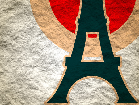 Eiffel tower in Paris. Contour silhouette on circle gradient radiant background. Crumpled paper textured backdropの写真素材