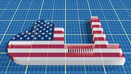 United States industry relative concept. Factory transparent glass icon textured by national flag on blueprint draft surfaceの写真素材