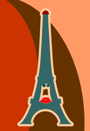 Eiffel tower in Paris. Cartoon face emotions. Contour silhouette on curved stripes background.