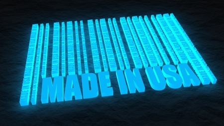Made in USA in bar code. Lines consist of same words. Neon glowingの写真素材