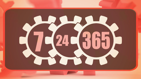 Time operation mode in gear. Red numbers and orange gear. For customer support and retail. Seven...