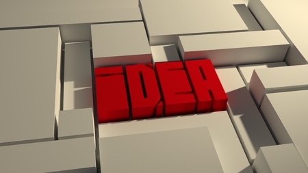 Word idea unusual square font. Blue 3D letters in boxes enviromentの写真素材