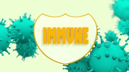 Immune protection system relative image. Abstract viruses attack on shied with immune text. Vaccination theme. Virus model flying in space. Pharmaceutical industry and medical equipment researchの写真素材