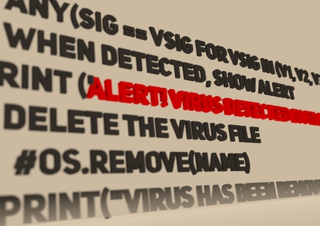 Alert. Virus detection text in computer abstract script code. Antivirus programm relative image. Internet saferyの写真素材