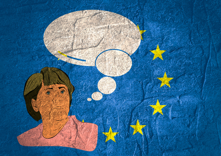 January 17, 2016: A illustration of a portrait of german chancellor angela merkel portrait with bubble speech on european union flag backgroundのeditorial素材