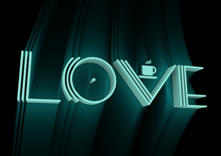 San Valentine card with neon shine LOVE word in 3D effect. Glowing letters. Cafe neon signの写真素材