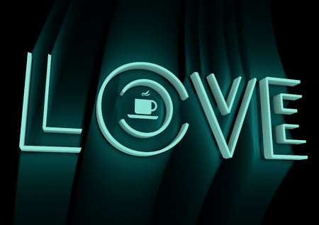 San Valentine card with neon shine LOVE word in 3D effect. Glowing letters. Cafe neon signの写真素材