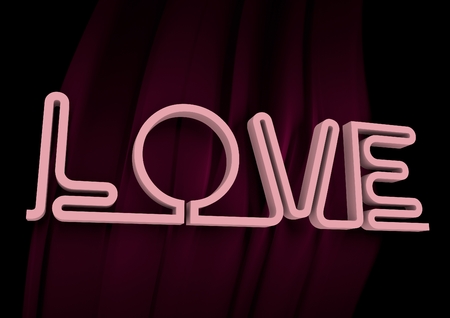 San Valentine card with neon shine LOVE word in 3D effect. Glowing letters. Cafe neon signの写真素材