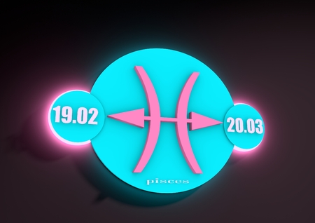 Abstract zodiac sign Pisces on a dark background. Neon glowing icon. Abstract shining zodiac sign The Fish, Greek - Ikhthyes.の写真素材