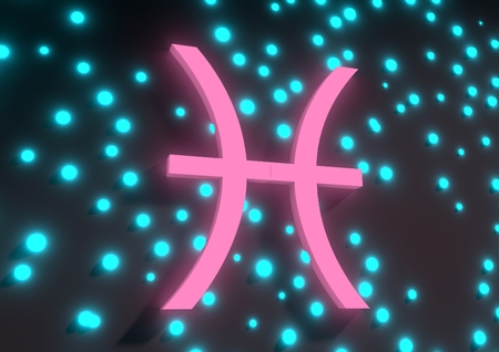Abstract zodiac sign Pisces on a dark background. Neon glowing icon. Abstract shining zodiac sign The Fish, Greek - Ikhthyes.の写真素材