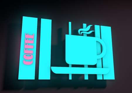 Illustration depicting an illuminated neon cafe sign. Shining coffee cup on glowing stripesの写真素材