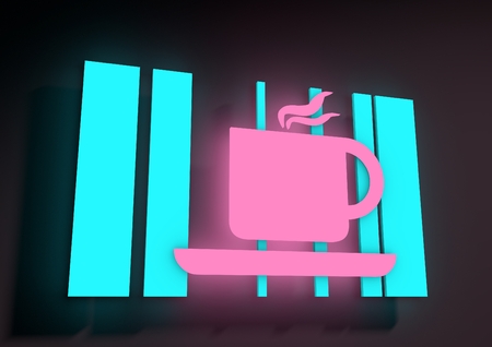 Illustration depicting an illuminated neon cafe sign. Shining coffee cup on glowing stripesの写真素材