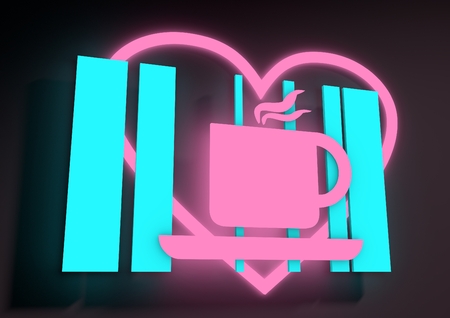 Illustration depicting an illuminated neon cafe sign. Shining coffee cup on glowing stripesの写真素材
