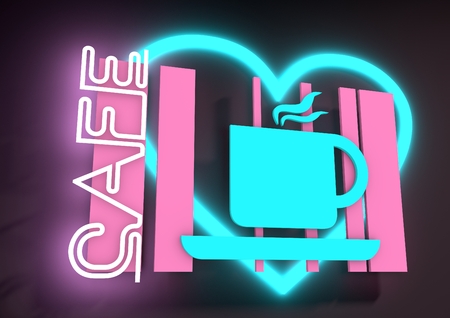 Illustration depicting an illuminated neon cafe sign. Shining coffee cup on glowing stripesの写真素材