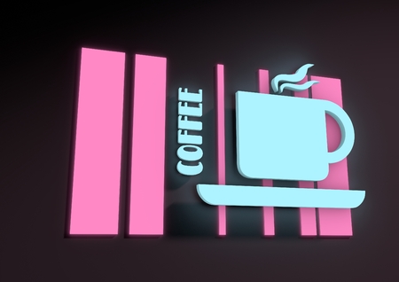Illustration depicting an illuminated neon cafe sign. Shining coffee cup on glowing stripesの写真素材
