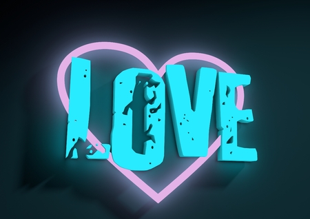 San Valentine card with neon shine LOVE word in 3D effect. Glowing letters. Pink neon heart iconの写真素材