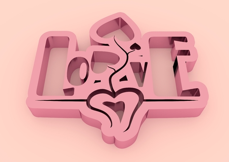 San Valentine card with glance shine LOVE word in 3D effect. Glowing letters. Heart shape plantの写真素材