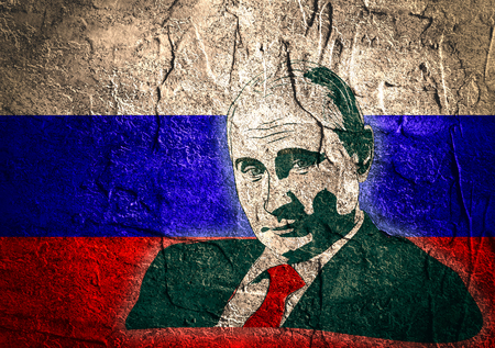 circa - 2016: illustration of a portrait of President of Russian Federation Vladimir Putin on national flag background. Concrete texturedのeditorial素材